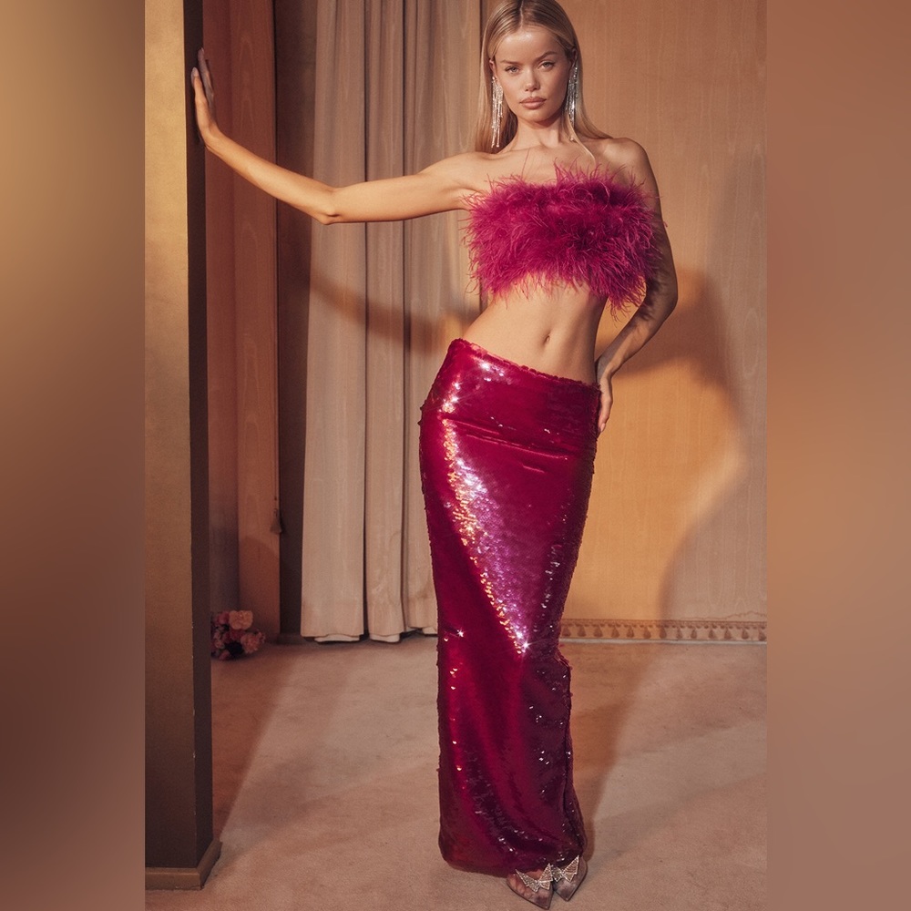 NWT House of CB Alexis Hot Pink Sequin Satin Maxi Skirt Size XS